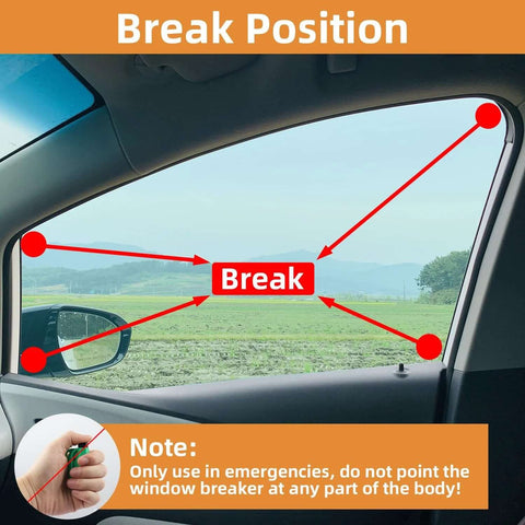 Front view of a red 3-in-1 car emergency window-breaker key chain with glass breaker, seat belt cutter, and whistle