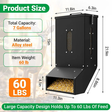Heavy Duty 7 Gallon Gravity Deer Feeder Hanging Metal Box With Auto Dispenser Protein View Window Waterproof Galvanized Steel For Hunting Wildlife Trail Camera Ready Outdoor Durable Anti Rust Black
