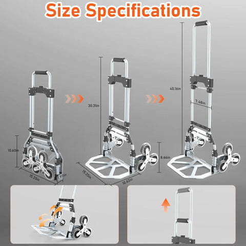 Heavy Duty Aluminum Stair Climber Cart With Six Wheels And Telescoping Handle, 220 Lb Capacity, size dimensions shown