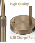Base and USB port of Tall Industrial Gold Rattan Bedside Table Lamp With USB Charge Port, showcasing gold finish and charging port.