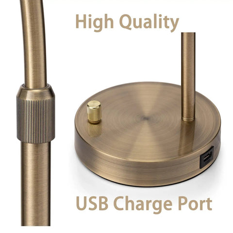 Base and USB port of Tall Industrial Gold Rattan Bedside Table Lamp With USB Charge Port, showcasing gold finish and charging port.