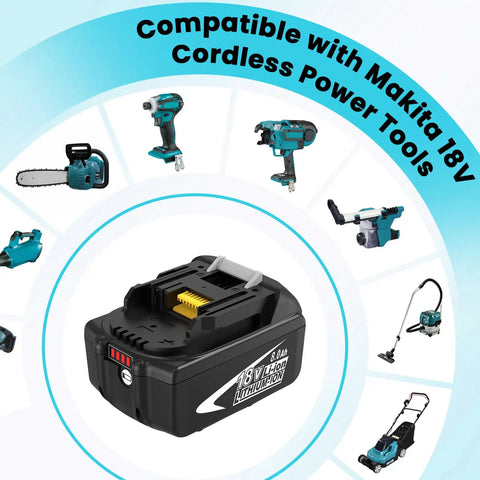 8000mAh Replacement Battery for Makita 18V Tools and compatible cordless power tools displayed in circle