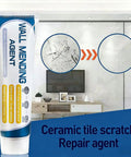Wall Mending Agent near a scratched and repaired ceramic tile, illustrating before and after effects on wall surface.