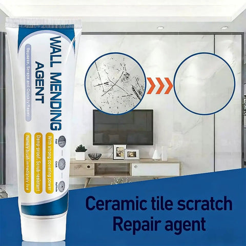 Wall Mending Agent near a scratched and repaired ceramic tile, illustrating before and after effects on wall surface.