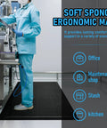 Person standing on a 3x5 Ft Anti Fatigue Floor Mat 15/16 Inch Thick Diamond Plate Non Slip Ergonomic Standing Mat in industrial setting
