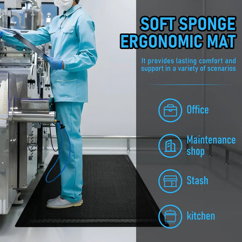 Person standing on a 3x5 Ft Anti Fatigue Floor Mat 15/16 Inch Thick Diamond Plate Non Slip Ergonomic Standing Mat in industrial setting