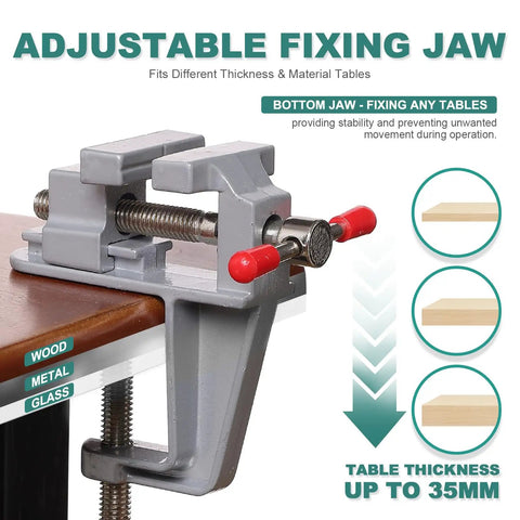 Portable Mini Bench Vice With Adjustable Table Clamp Vise For Precision Fixes Slick Aluminum Body Heavy Duty Jaw Grip Sizing From One To Twenty Two Millimeters showing adjustable fixing jaw on table