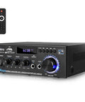 AK45 300W Dual Channel Bluetooth Stereo Power Amplifier with remote, USB, FM radio and SD card slots, front view.