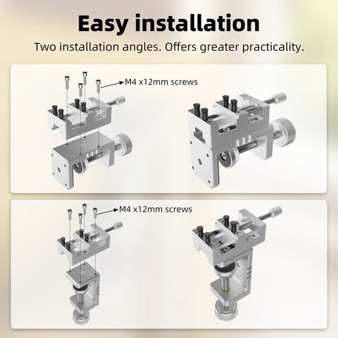 Built Tough Mini Drill Press Vise And C Clamp Desktop Mount with M4 screws shown from two installation angles.