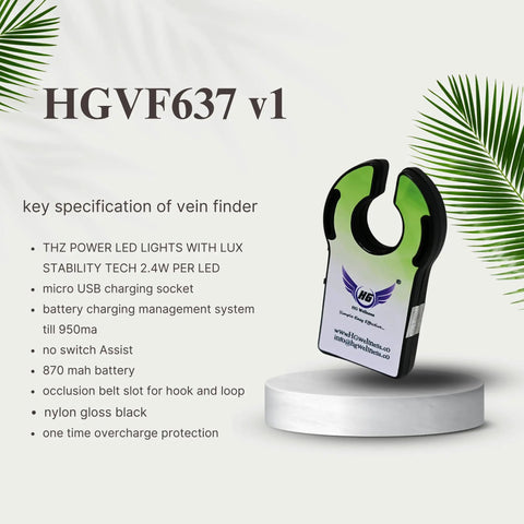 HG Vein Finder Pro With THZ Light Technology, gloss black nylon device, 870mAh battery, ideal for blood draws and medical use.