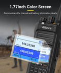 Close-up of Dual Band Ham Radio Handheld With Chirp Upgrade IP67 Waterproof Walkie Talkie with color screen displaying frequency.