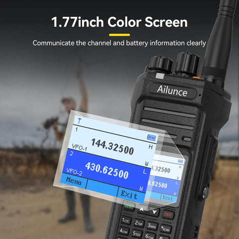Close-up of Dual Band Ham Radio Handheld With Chirp Upgrade IP67 Waterproof Walkie Talkie with color screen displaying frequency.