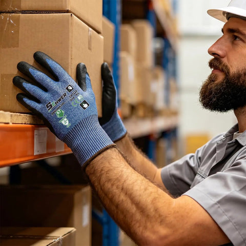 Worker using 60 Pairs ANSI A7 Cut Resistant Gloves For Men And Women, Touchscreen Ready, for handling cargo in a warehouse