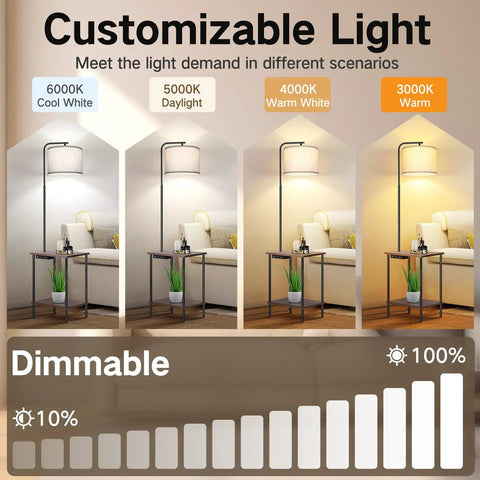 Floor Lamp With Built In Table And Shelf End Table With Lamp Attached For Bedroom Or Living Room Type C Charging Port AC Outlet Remote Dimmer Four Color Lighting Options