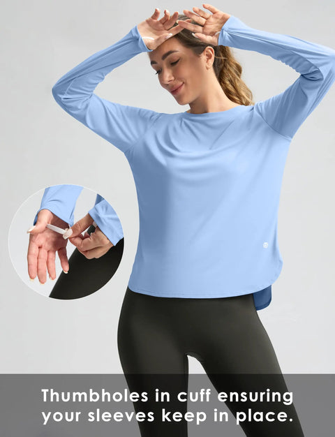 Model wearing Women's UPF 50+ Long Sleeve Sun Shirt, Lightweight Quick Dry, UV Protection for Hiking, Haze Blue, XL, thumbholes visible