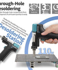 A person using a desoldering gun from an All-In-One Micro Soldering And Hot Air Rework Station with circuit board.