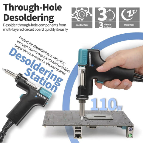A person using a desoldering gun from an All-In-One Micro Soldering And Hot Air Rework Station with circuit board.