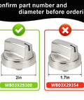 5 Pack Beefed Up Gas Stove Knobs Replacement For JGP3030SL1SS JGP3030SL2SS Cooktop Knobs Two By One Point Eight Inch Size With AP6301265 4585904 PS12296155 EAP12296155 Fits Range, image showing size comparison with two silver knobs, 2in WB03X29300 vs 1.7in WB03X29354