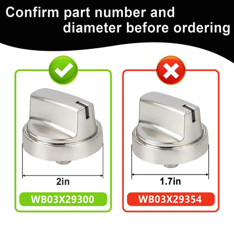 5 Pack Beefed Up Gas Stove Knobs Replacement For JGP3030SL1SS JGP3030SL2SS Cooktop Knobs Two By One Point Eight Inch Size With AP6301265 4585904 PS12296155 EAP12296155 Fits Range, image showing size comparison with two silver knobs, 2in WB03X29300 vs 1.7in WB03X29354