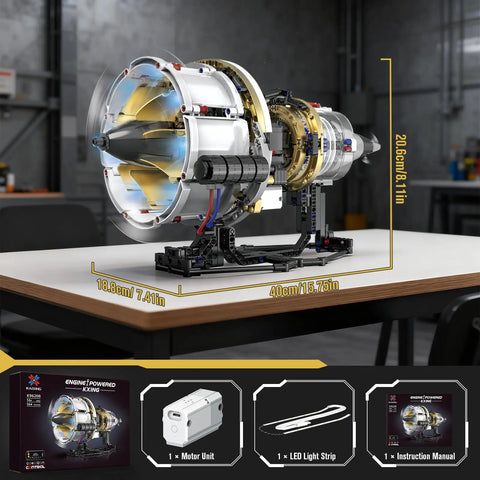 Jet Engine Building Set With Visible Turbofan Model Kit on tabletop, transparent cylinders showing internal pistons, includes motor and lights.