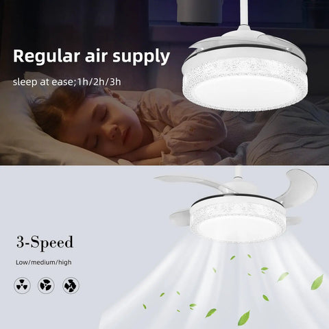 36 Inch Smart Retractable Ceiling Fan With Bluetooth Speaker for kids room showing fan in use with child sleeping and airflow arrows