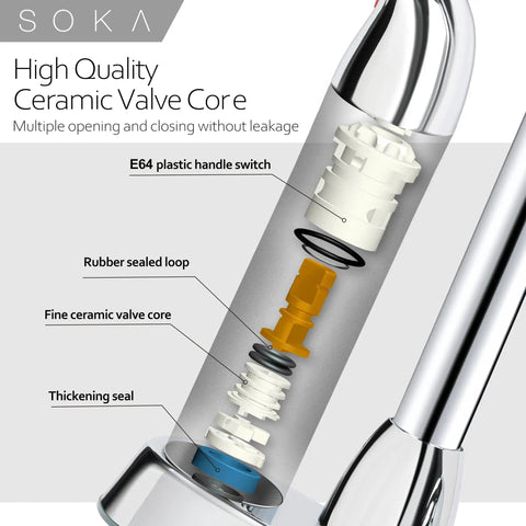 Diagram of Two Handle Centerset Bathroom Faucet With High Arc Stainless Steel Spout Deck Plate And Pop Up Drain For 3 Hole Install Chrome Finish Durable Ceramic Disc Cartridge Low Lead Nylon Braided Supply Lines Easy Install showing ceramic valve structure.