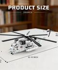 CH-53 Transport Helicopter Model Kit For Adults on table, showing 30.16x22.83x10.55 inch size, building set with detailed parts