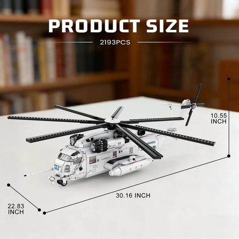 CH-53 Transport Helicopter Model Kit For Adults on table, showing 30.16x22.83x10.55 inch size, building set with detailed parts