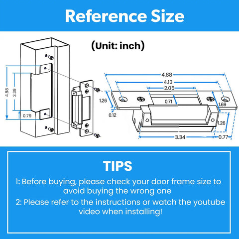 Reference size diagram for Built Tough Heavy Duty Electric Door Strike Lock dimensions in inches for installation.