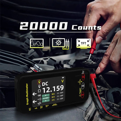 Pro Grade 20000 Counts Digital Multimeter With Data Recorder in use measuring electrical current in an engine compartment.
