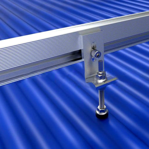 Built Tough Stainless Steel Hanger Bolts For Solar Panel Mounting On Corrugated Metal Roofs, securing bracket on blue corrugated surface.