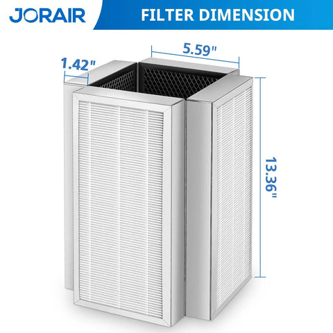 Replacement Filters For MA Series Model 50 Air Purifier 3-in-1 With Activated Carbon showing dimensions 13.36x5.59x1.42 inches