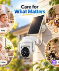 Slick Solar Powered Outdoor Wireless Security Camera Capturing Crisp 3MP HD Video with solar panel mounted on wall