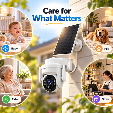 Slick Solar Powered Outdoor Wireless Security Camera Capturing Crisp 3MP HD Video with solar panel mounted on wall