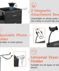 Rolling Salon Trolley Cart With Wheels Lockable Metal Storage featuring two drawers and magnetic bowls, black.
