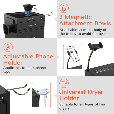 Rolling Salon Trolley Cart With Wheels Lockable Metal Storage featuring two drawers and magnetic bowls, black.