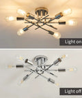Six Lights Semi Flush Mount Ceiling Fixture With Modern Chrome Matte Finish Sputnik Chandelier for living room, light on and off view.
