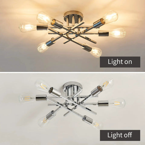 Six Lights Semi Flush Mount Ceiling Fixture With Modern Chrome Matte Finish Sputnik Chandelier for living room, light on and off view.