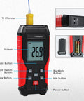 Type K Thermocouple Thermometer Kit With HVAC Clamp Meter Digital 1 Channel K Type Temperature Gauge Wide Range From -328 To 2501 Fahrenheit Includes Two Thermocouples Lead Probes And Pipe Clamp, front view