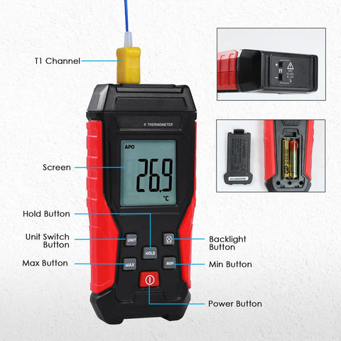 Type K Thermocouple Thermometer Kit With HVAC Clamp Meter Digital 1 Channel K Type Temperature Gauge Wide Range From -328 To 2501 Fahrenheit Includes Two Thermocouples Lead Probes And Pipe Clamp, front view