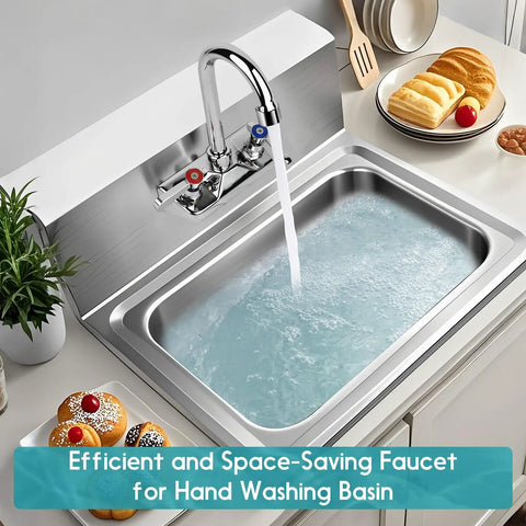 Leak Free Commercial Hand Sink Faucet With 4 Inch Center Wall Mount, Three And A Half Inch Gooseneck Spout, Dual Lever Handles