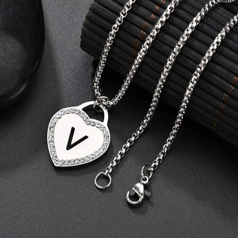 Womens Silver Initial Necklace With Heart Pendant Stainless Steel Customizable Name Jewelry For Girlfriend Alphabet Letter V Gift For Her Romantic Sweet Keepsake