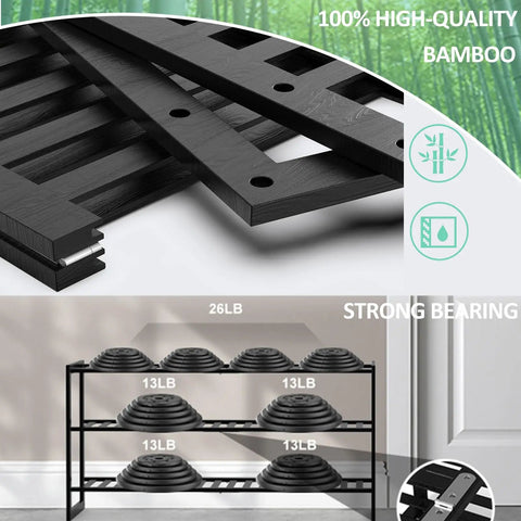 3 Tier Bamboo Shoe Rack Organizer 32.5 Inch Long Holds 9-15 Pairs Stackable Foldable Black components and weight capacity