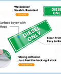 9 Pack Hydraulic Fluid Stickers 6x2 Inch Waterproof Decals With Strong Adhesion And Uv Resistant Anti Scratch Finish For Fuel Tanks Industrial Cans And Outdoor Power Equipment Maintenance Safety Labels showing green 'DIESEL ONLY' decal with clear print.