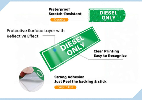 9 Pack Hydraulic Fluid Stickers 6x2 Inch Waterproof Decals With Strong Adhesion And Uv Resistant Anti Scratch Finish For Fuel Tanks Industrial Cans And Outdoor Power Equipment Maintenance Safety Labels showing green 'DIESEL ONLY' decal with clear print.