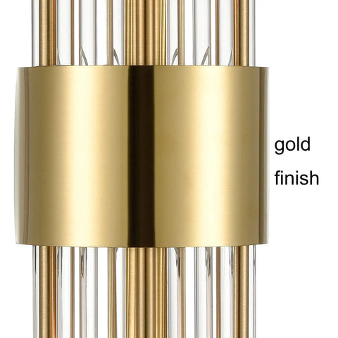 Close-up of brushed titanium gold finish on Two Light Modern Wall Sconce with clear glass rods for bathrooms.