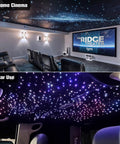 Starlight Fiber Optic Headliner Kit For Cars And Rooms With 450 0.03in Fibers displaying twinkle ceiling lights in a home cinema and car.