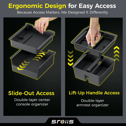 Gen 2 Must-Have Double Layer Center Console Organizer For Tesla Model Y, showing slide-out and lift-up functions with trays.