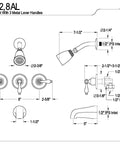 Technical diagram of Tub And Shower Faucet With 3 Lever Handles In Satin Nickel Finish 5 Inch Spout Reach Built To Last Brass Construction