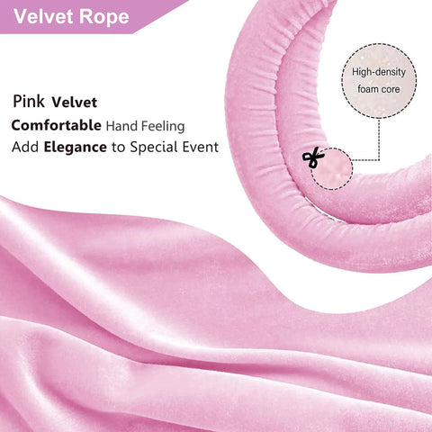 Close-up of pink velvet stanchion rope with foam core. Two Pack Velvet Stanchion Rope Pink With Gold Hooks, Five Foot Party Barrier.